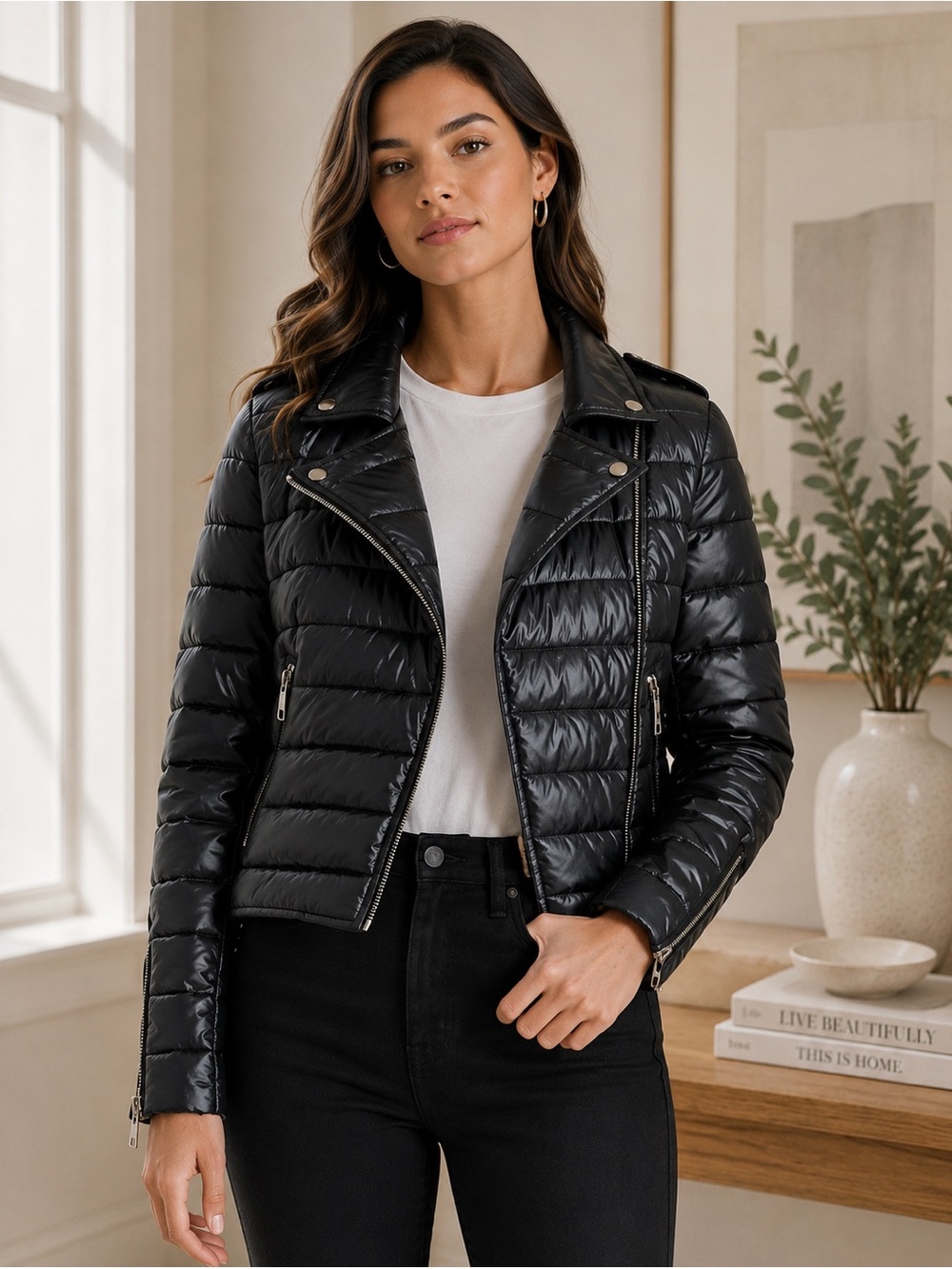 🖤 DKNY Jeans Black Moto Puffer Jacket Size Small NWT Faux Leather Look Cropped